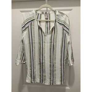 Chicos Shirt Size 2 (L) White Pink Yellow Blue Metallic Stripes 3/4 Sleeve